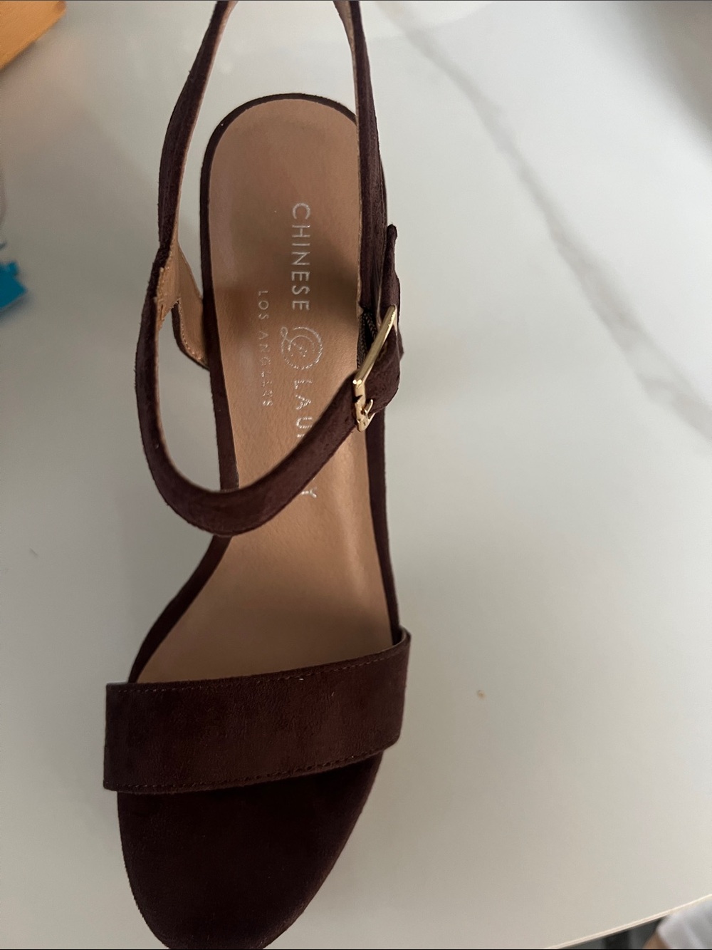 B#102-Chinese Laundry Dark Brown Suede Ankle-Strap Heel